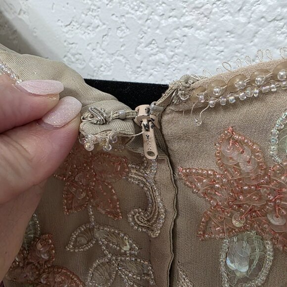 Vintage Beaded Beige Dress Floral Embellished Swing Midi No Tags - Picture 6 of 12
